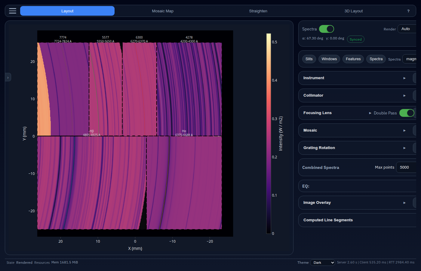 Layout view — rendered solar spectra on focal plane