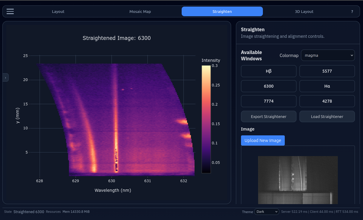 Straighten view — wavelength-calibrated detector window