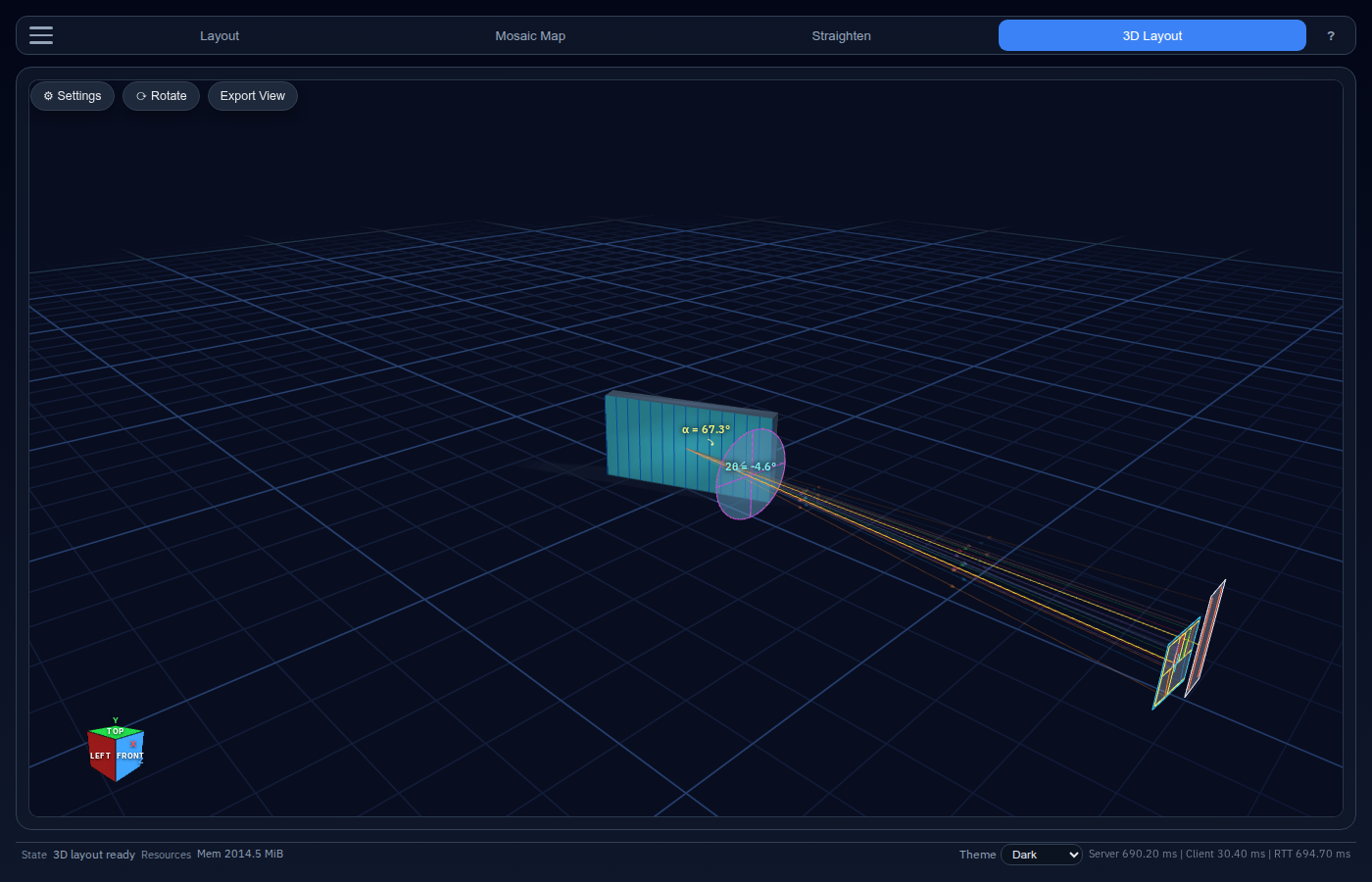 3-D Layout — WebGL mechanical model of the optical train