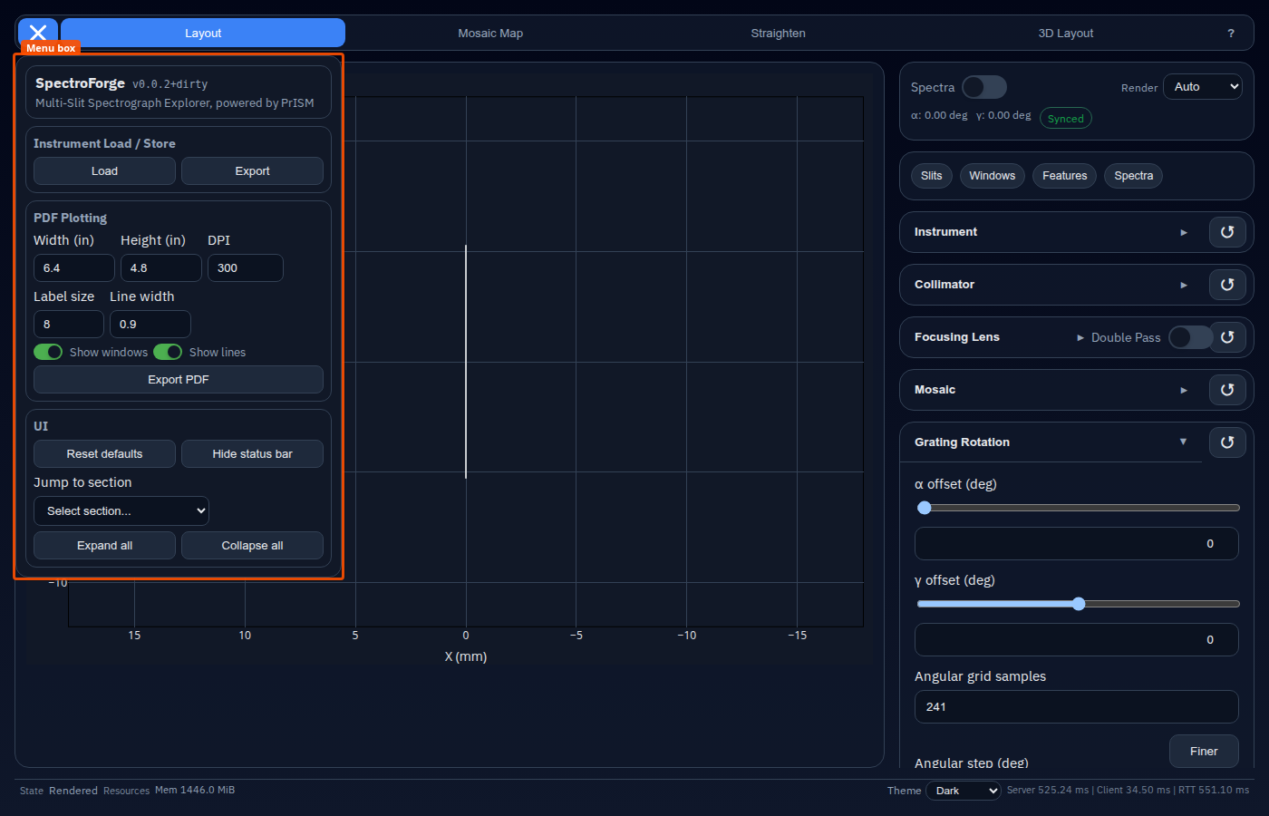 Menu - import/export instrument configuration, generate PDF plots