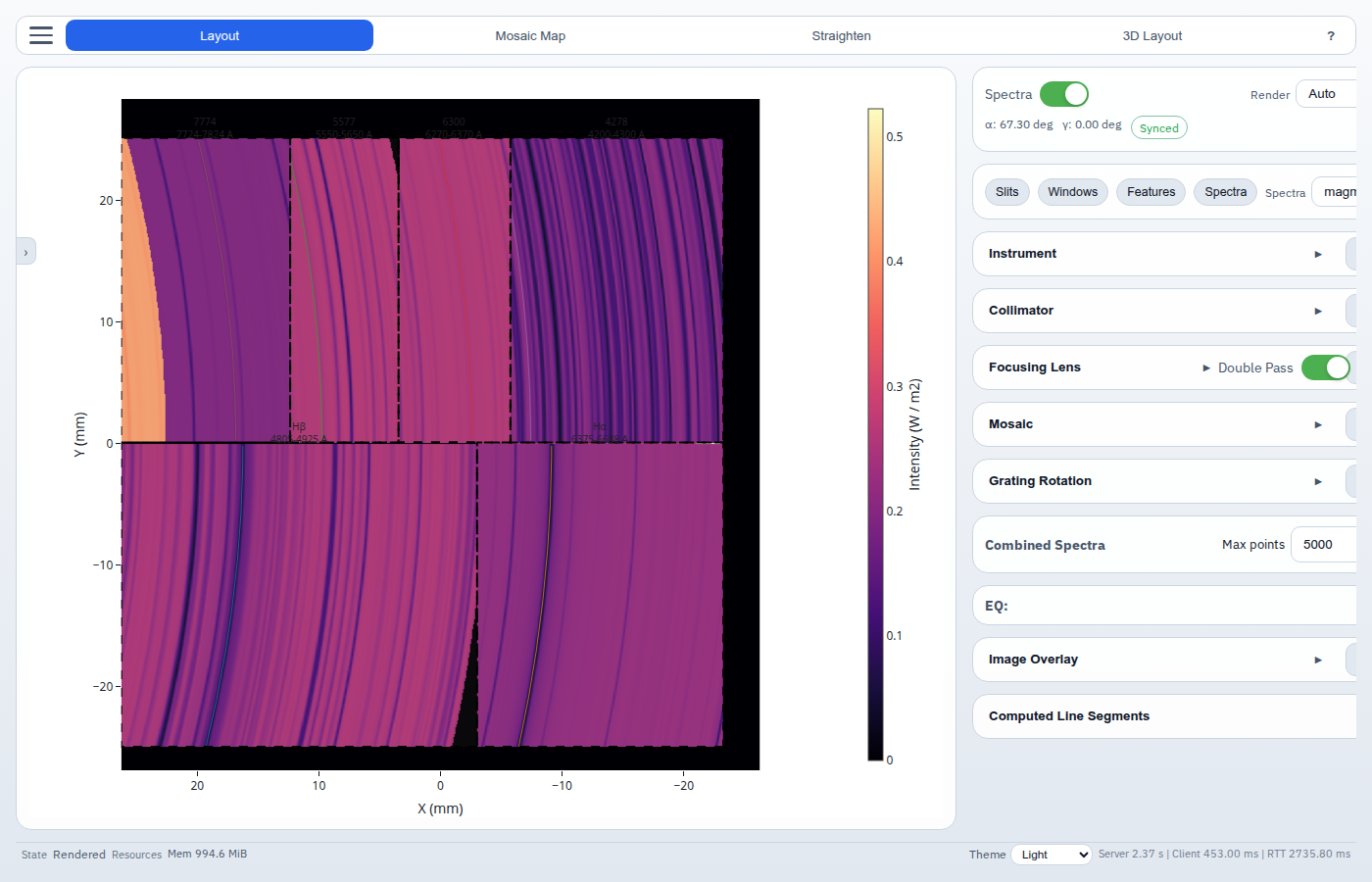 Layout view — rendered solar spectra on focal plane