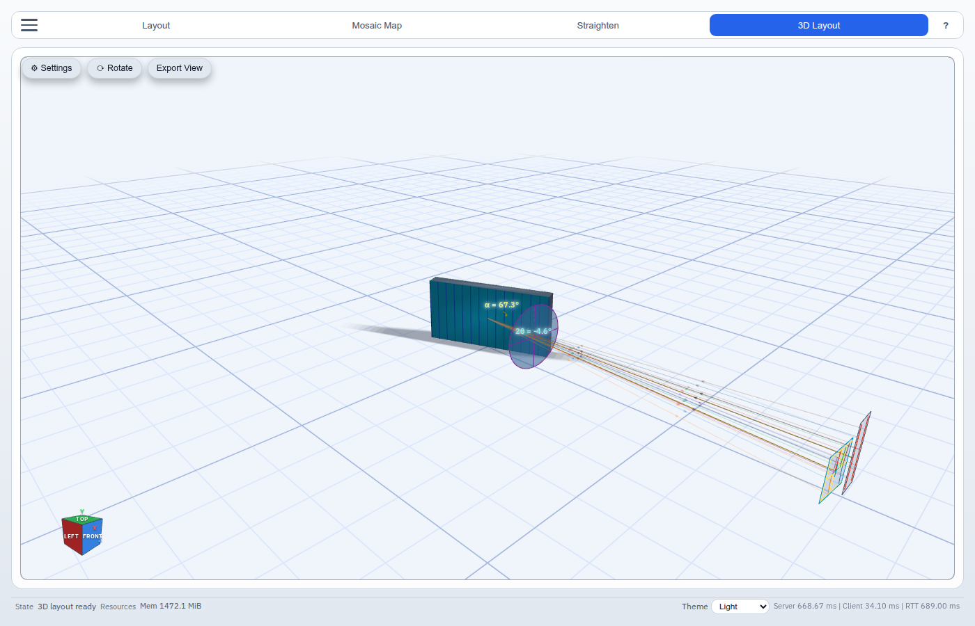 3-D Layout — WebGL mechanical model of the optical train