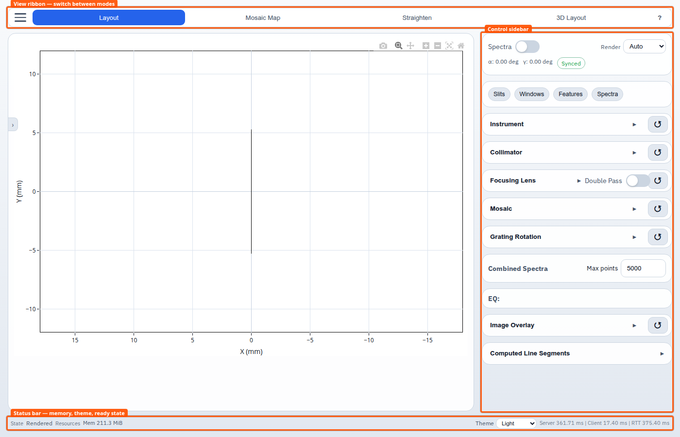 SpectroForge interface overview — view ribbon and status bar annotated