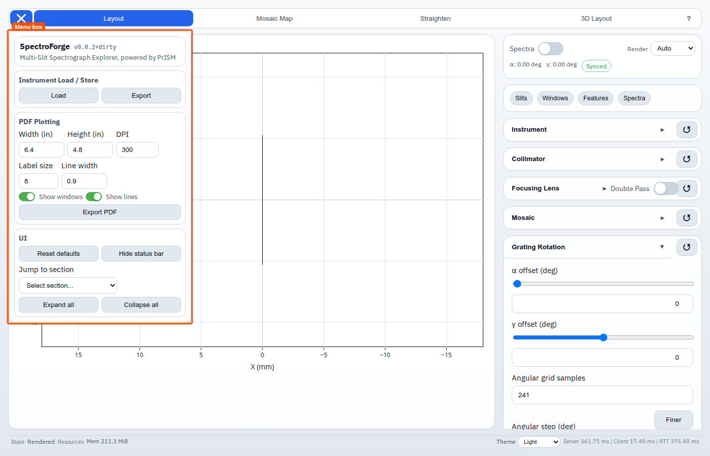 Menu - import/export instrument configuration, generate PDF plots